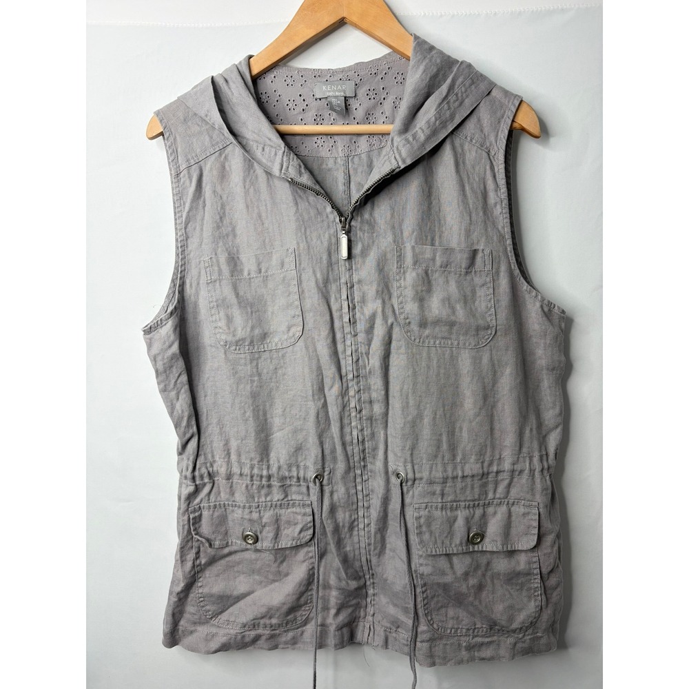 Womens Grey 100% Linen Hooded Utility Vest Sz L Drawstring Waist Contemporary